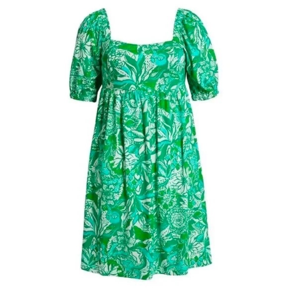 Lilly Pulitzer Delaney Cotton Tropical Print Short Puff Sleeve Square Neck Dress - Picture 1 of 13